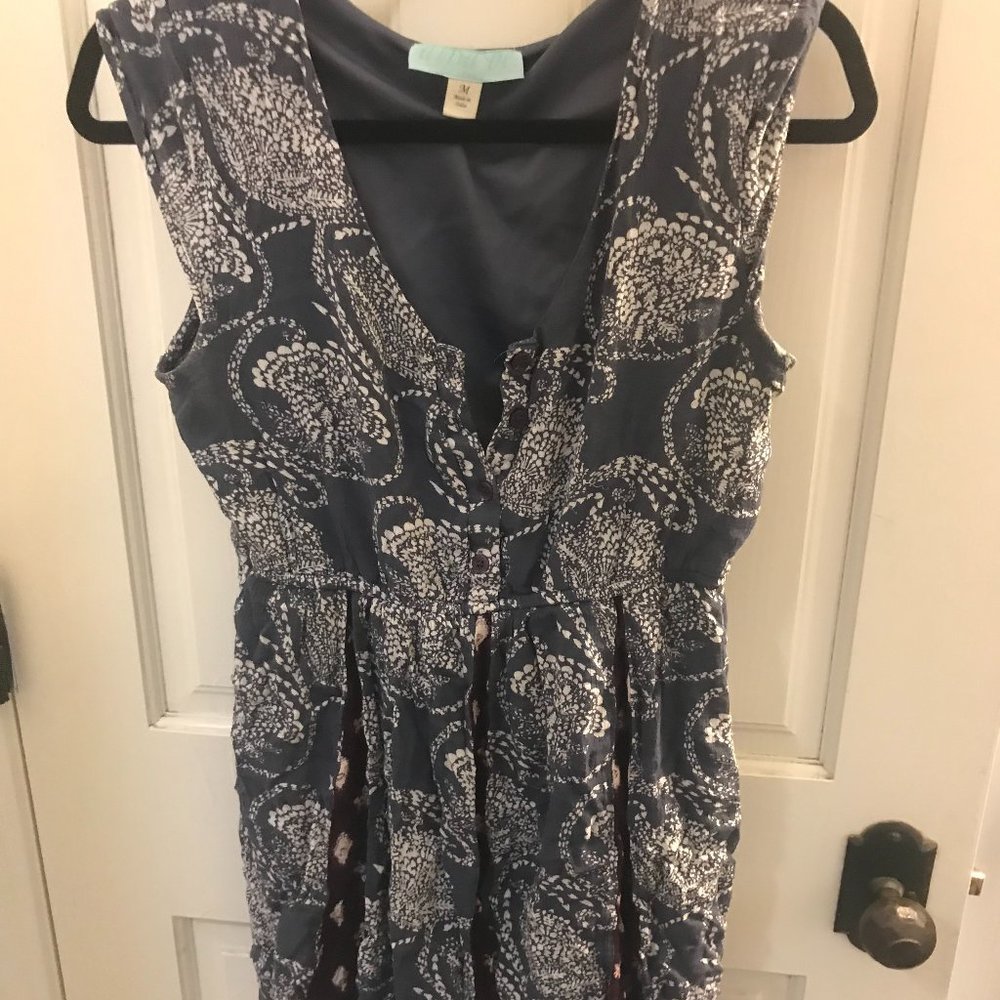 Boho Tunic Dress. Blue-grey with deep pink peekaboo panels and white details.